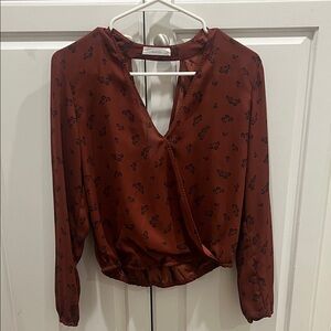 Lush Deep Brown Blouse with Black Floral Pattern